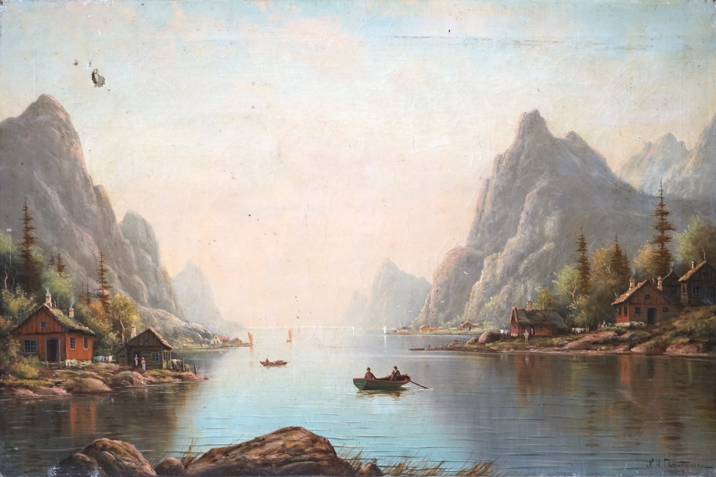 Niels Hans Christiansen (Dutch, 1850-1922), oil on canvas, Continental mountainous riverscape, signed, 60 x 91cm, unframed